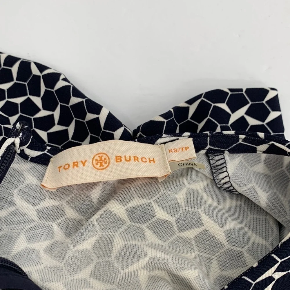 Tory Burch knit jersey shift dress navy blue white Teserra mini XS X-Small